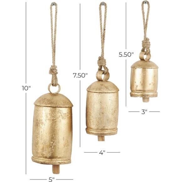 Gold Metal Tibetan Inspired Decorative Giant XL Cow Bells with Jute Hanging Rope - Picture 6 of 7